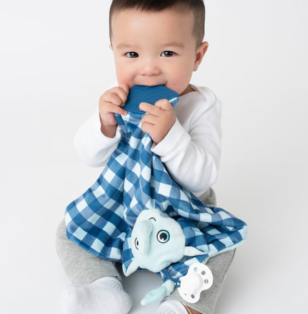BooginHead Plush PaciPal Teether Blanket, our friendly Lucky the Elephant design. Very soft with blue and white checkerboard design. Pacifier loop, bright blue silicone teething piece for sore gums, soothing knots for texture. A plush lovey friend. Easy to clean in the washer!