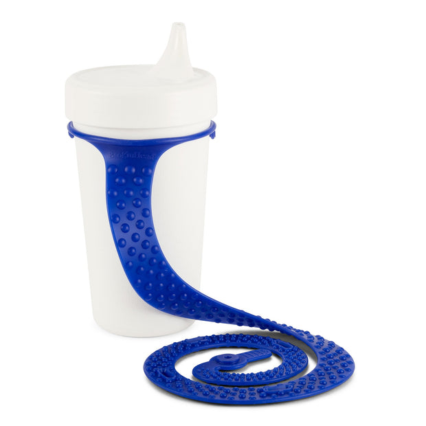 Booginhead SippiGrip Silicone in royal blue on a toddler sippy cup. Must have baby supply. Easy to clean, silicone cup holder strap, size adjusts for bottle or toys