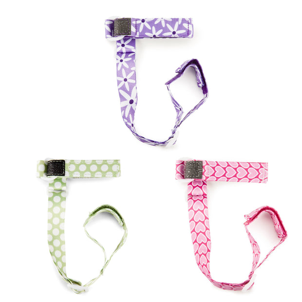 3 pack of BogginHead SippyGrips in Purple Daisy, Pink Hearts and Delicate Dot Green. 
