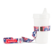 BooginHead SippiGrip in Fireworks, red white and blue patriotic design, keeps sippy cup from falling on the ground getting dirty or lost. Keeps baby items off the ground and clean. 