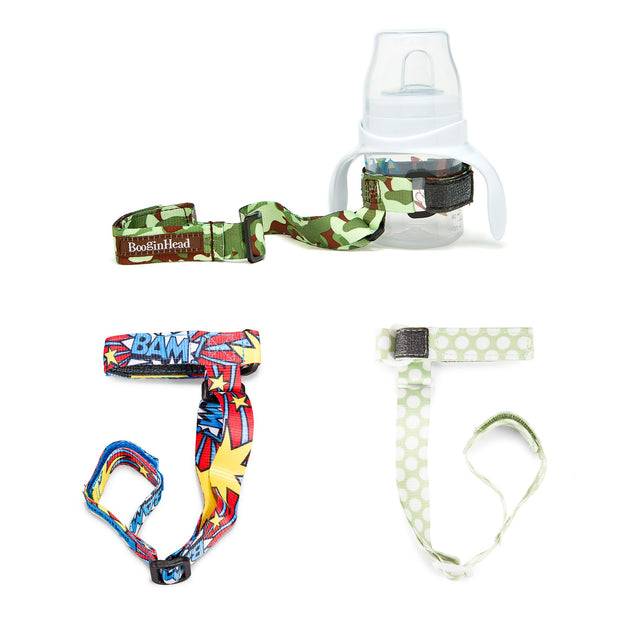 3 pack of BooginHead SippiGrips in military Camo, comic book style BAM! and Delicate Dot Green.