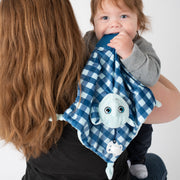 BooginHead Plush PaciPal Teether Blanket, our friendly Lucky the Elephant design. Very soft with blue and white geometric design. Pacifier loop, textured blue silicone teething piece for sore gums, soothing knots for texture. A plush lovey friend.