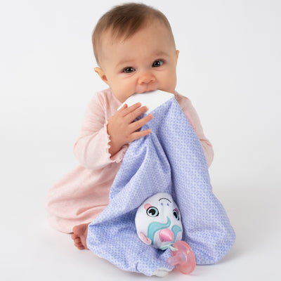 Baby soothing gums with machine washable lovey blanket from BooginHead. Plush PaciPal Teether Blanket, Dreamer the Unicorn. Soft purple, pink and teal.