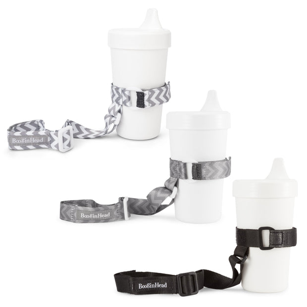 3 pack of BooginHead SippiGrips attached to sippy cups to prevent loss or dropping on a dirty floor. Can be use to keep toys from getting lost. Gray and white Chevron, Go Go Chevron gray on dark gray zigzag and black. 