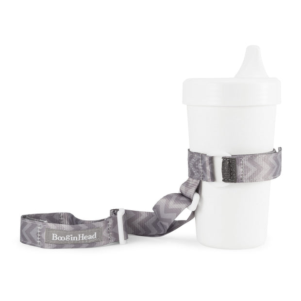 BooginHead SippiGrip in Go Go Chevron, a gray on gray design with adjustable straps. Keep bottles and sippy cups clean and off the floor with the cup holders. Attaches toddler sippy cups, bottles or toys to a highchair or stroller. 