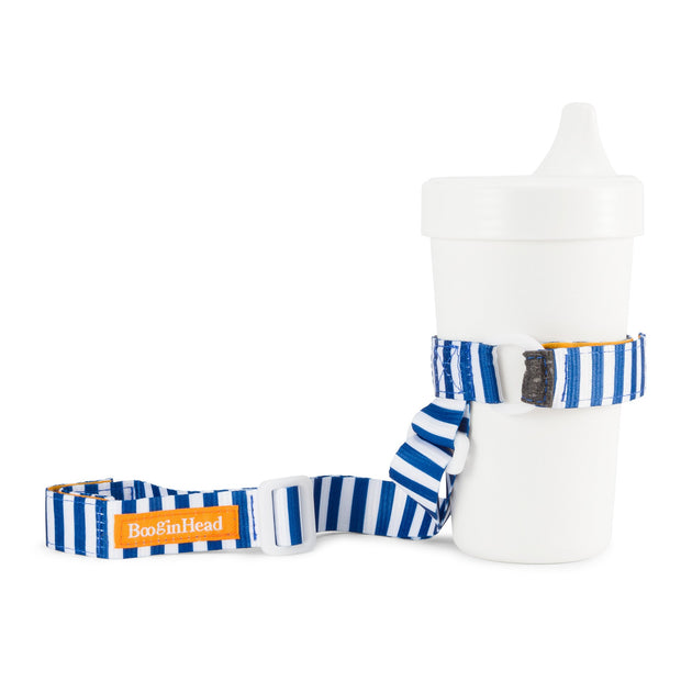 Adjustable size sippy cup strap in Nautical Blue and white stripes. BooginHead SippiGrip tether for toddler and baby cups or bottles. Durable and easy to clean. 