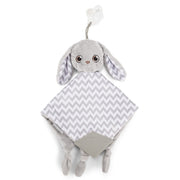 BooginHead Plush PaciPal Teether Blanket, our friendly floppy the Bunny. Very soft with gray and white design. Pacifier loop, soft gray silicone teething piece for sore gums, soothing knots for texture. A plush lovey friend.