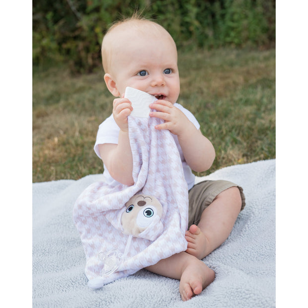 BooginHead Plush PaciPal Teether Blanket, our friendly Patches the Puppy. Very soft with brown and white geometric design. Pacifier loop, textured white silicone teething piece for sore gums, soothing knots for texture. A plush lovey friend.