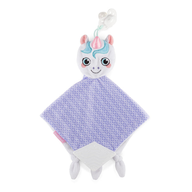 BooginHead Plush PaciPal Teether Blanket, our fantasy Dreamer the Unicorn design. Very soft with purple and white geometric design. Pacifier loop, soft white silicone teething piece for sore gums, soothing knots for texture. A plush lovey friend.