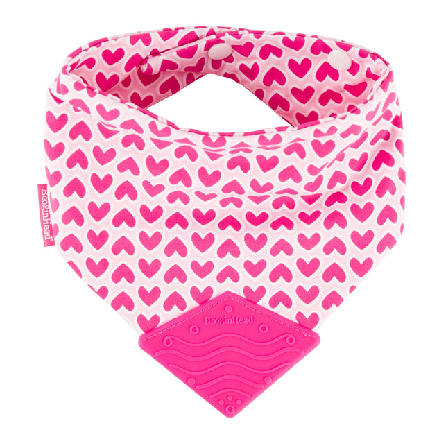 Cotton BooginHead Bandana Teether Bib in Love with pink silicone teething piece snaps bright hot pink hearts on soft pink background 