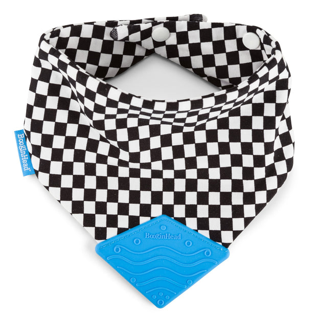 soft cotton BooginHead Bandana Teether Bib in Checkerboard with bright blue silicone teething piece black and white racing flag design