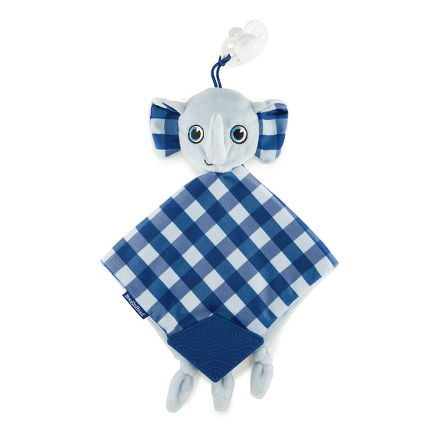 BooginHead Plush PaciPal Teether Blanket, our friendly Lucky the Elephant design. Very soft with blue and white geometric design. Pacifier loop, textured blue silicone teething piece for sore gums, soothing knots for texture. A plush lovey friend.