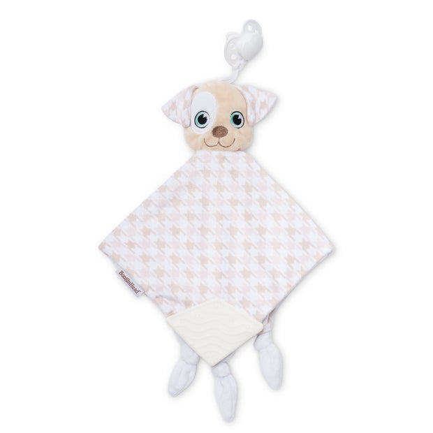 BooginHead Plush PaciPal Teether Blanket, our friendly Patches the Puppy design. Very soft with brown and white hound's-tooth design. Pacifier loop, textured white silicone teething piece for sore gums, soothing knots for texture. A plush lovey friend. Easy to clean in the washer!